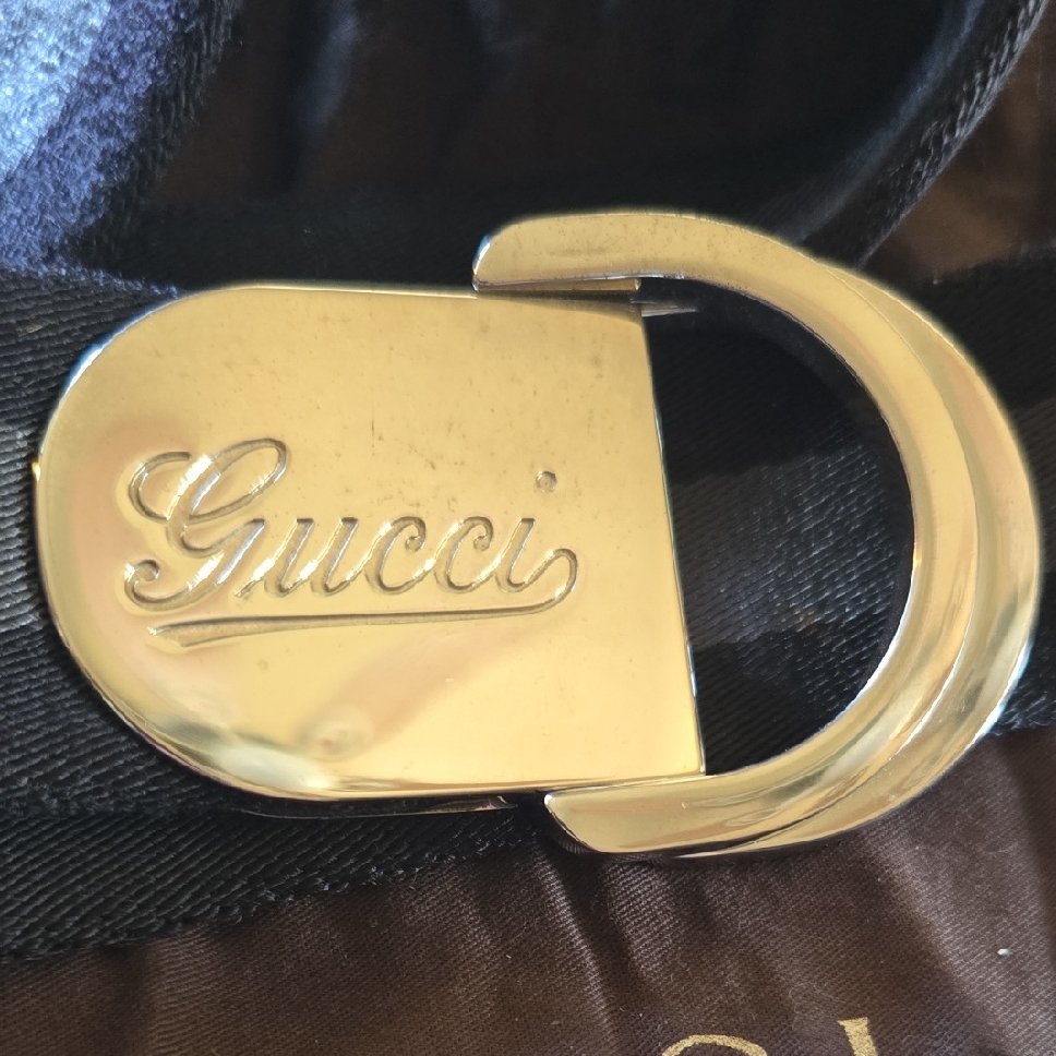Gucci Black & Grey Belt With Cbrome Clasp